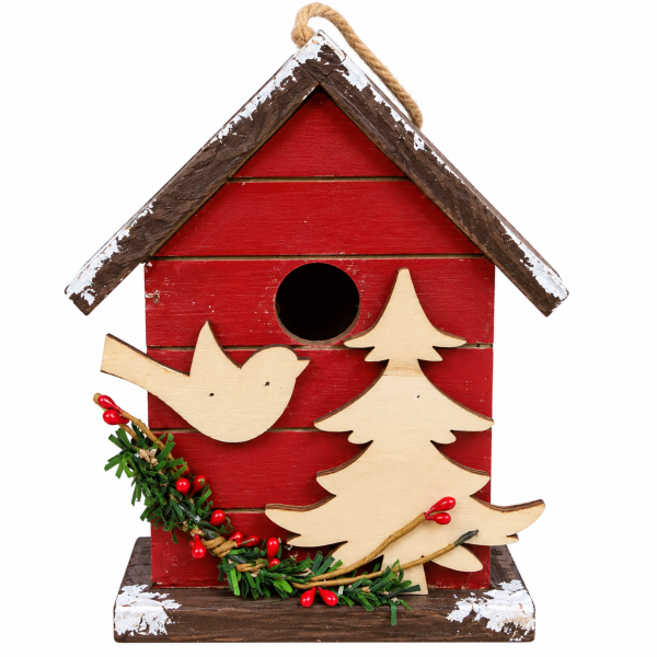 **🎄 Божиќна магија – Декоративна дрвена куќичка со птичка и елка – 12 × 20 см