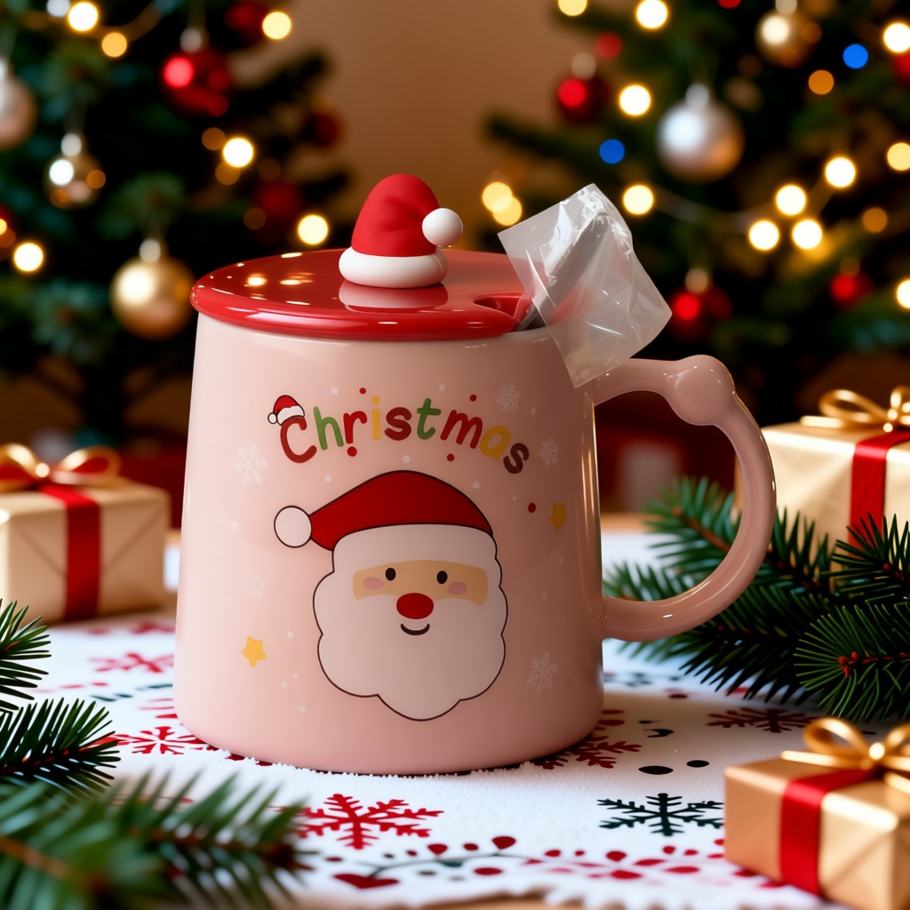 Розова шолја Christmas со капак во форма на капа и лажичка - Image 2
