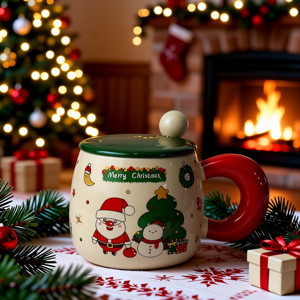Празнична шолја Merry Christmas со зелен капак и црвена рачка - Image 2
