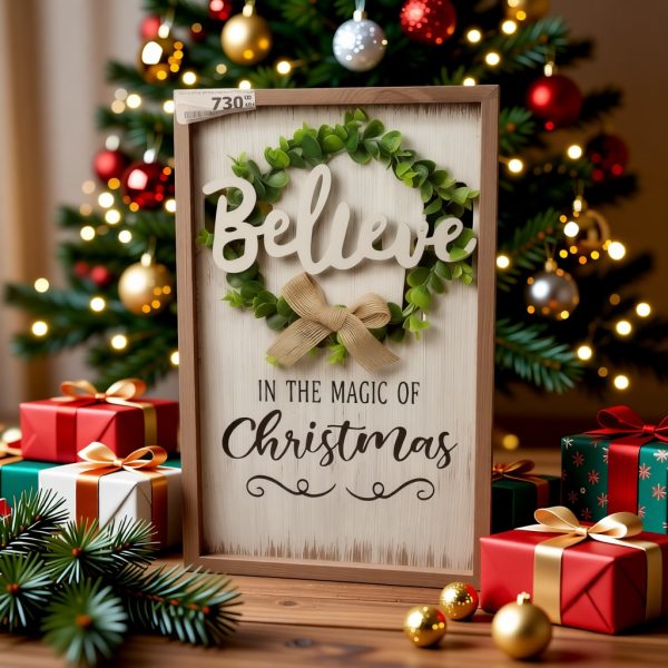 Правоаголен божиќен декор Believe со зелен венец
